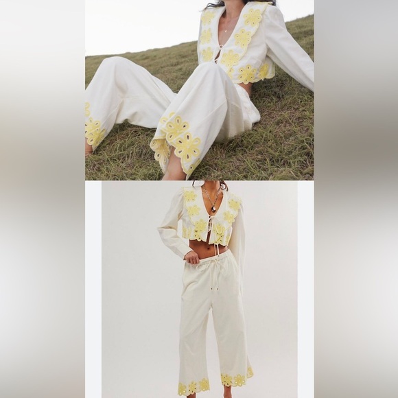 Free People Amina Crop Two Piece Embroidered Yellow and White Set NWOT - Picture 3 of 16